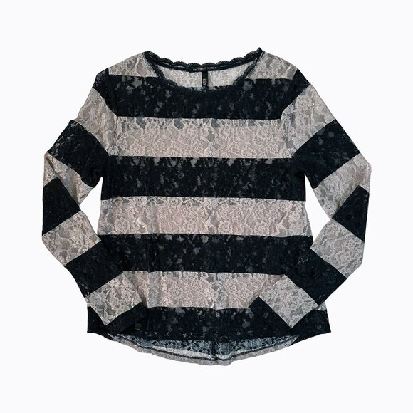 Victoria's Secret Floral Lace Top Sz S/P Black Cream Chunky Stripes Y2K 90s Goth - Picture 1 of 7